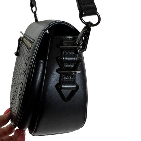 Rebecca Minkoff Astor Perforated Black Leather Saddle Bag Crossbody Adjustable - Picture 8 of 13